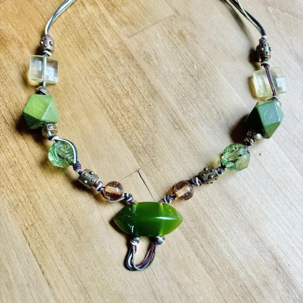 Vintage Necklace Statement Green Boho Chunky Shaped Stone Beads Bijoux Turner